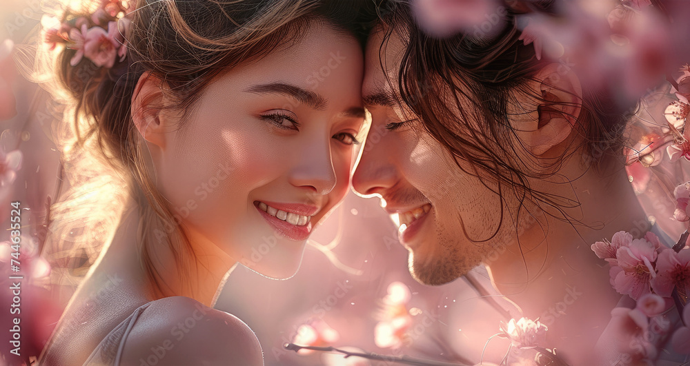 Happy couple smiling and embracing under a cherry blossom tree. Generative AI.
