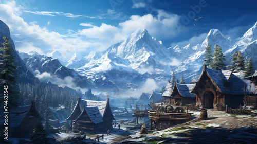 An ancient fantastic village overlooking the mountains. Winter time. Generative AI © kovalovds