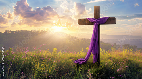 Sunrise of Serenity: Wooden Cross Draped with a Purple Cloth on a Blooming Hillside, Symbolizing Faith and Hope in a Peaceful Landscape