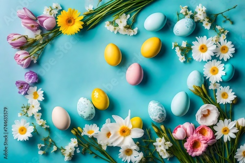 easter eggs and flowers, Immerse yourself in the joy of Easter with a minimalist composition featuring colorful eggs in delicate hues and vibrant flowers, set against a serene blue background, with am