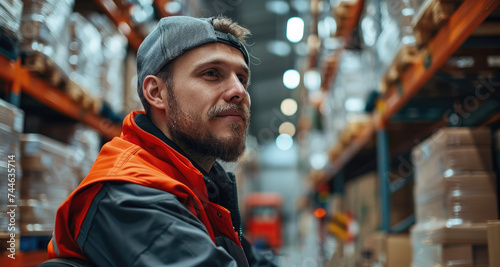 Forklift driver sitting in a forklift in the background of a supermarket warehouse. Generative AI.