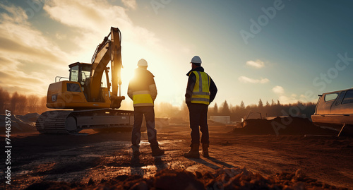 Construction workers in hard hats on a construction site during sunrise or sunset. The low sun creates long shadows and a dramatic backdrop with construction machinery and structures.