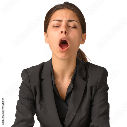 Portrait, bored and yawning with a woman lawyer isolated on a transparent background for legal routine. 