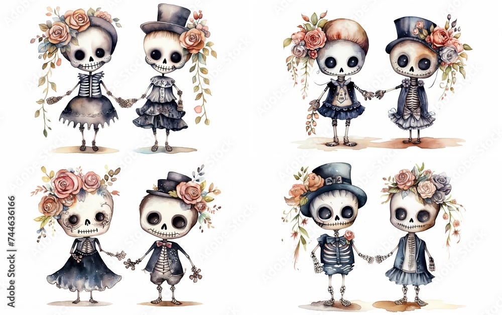 Obraz premium watercolor cartoon cute skeleton lover couple bride and groom wearing wedding gown, happy forever love theme, collection set isolated on white background, Generative Ai