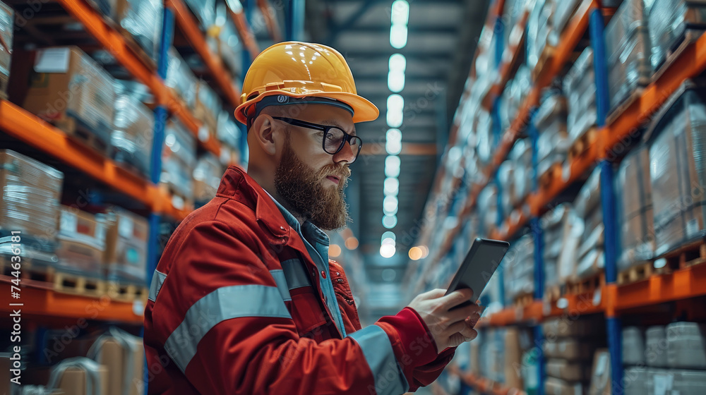 A large warehouse operator checking data at warehouse. Generative AI. A large warehouse operator checking data at warehouse. Generative AI.