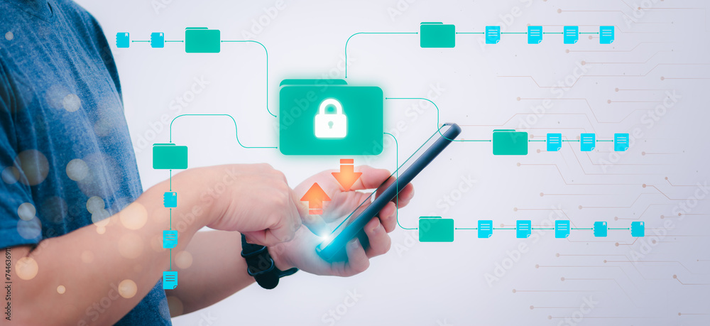 Person showing protection system In order to screen or prevent attacks from cyber, hackers, the concept of managing systems to be safe. digital transformation Internet of Things, Data Storage