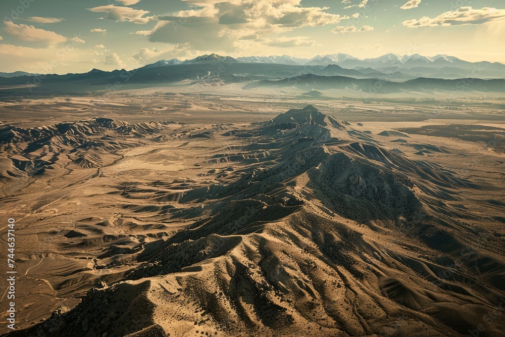 An aerial perspective of a vast desert landscape with a series of rugged mountains stretching across the horizon. Generative AI