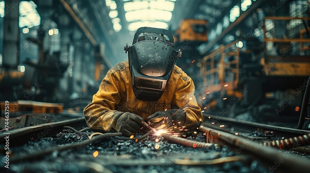 A Worker welding in a factory. Generative AI. A Worker welding in a factory. Generative AI.
