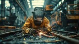A Worker welding in a factory. Generative AI.