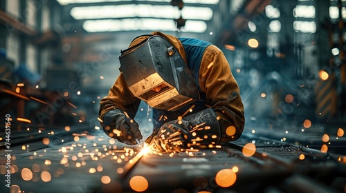 A Worker welding in a factory. Generative AI. © visoot