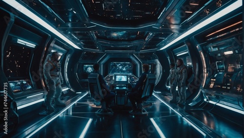 Sci-fi spaceship interior with futuristic technology, holographic displays, and astronauts exploring. Great for space exploration content. © xKas