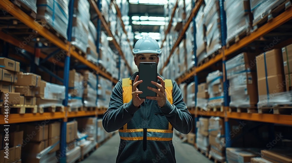 A worker holding a smartphone in a warehouse. Generative AI. - obrazy, fototapety, plakaty 