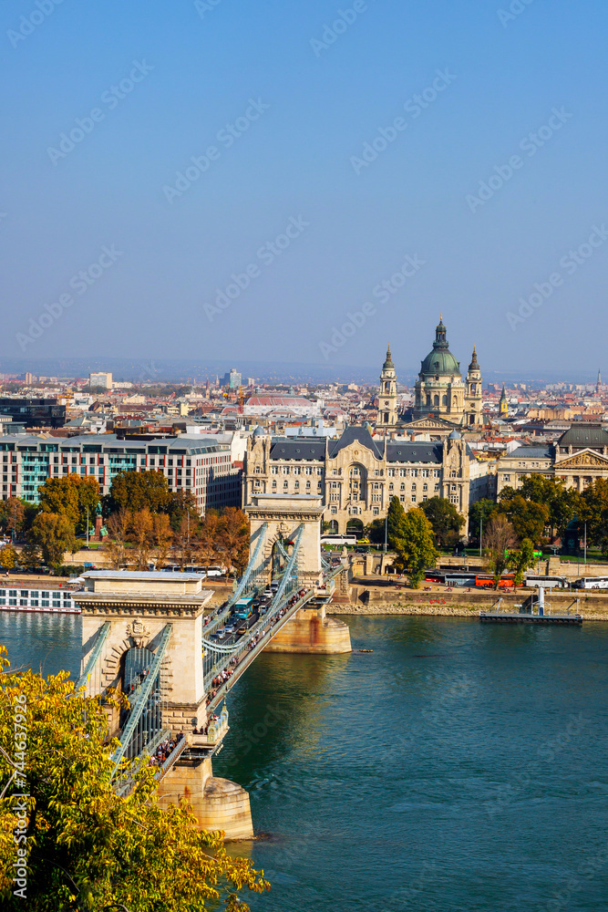 Hungarian Chain Bridge over Danube River at landscape of Budapest