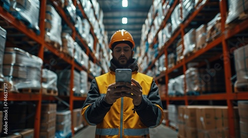 A worker holding a smartphone in a warehouse. Generative AI. © visoot