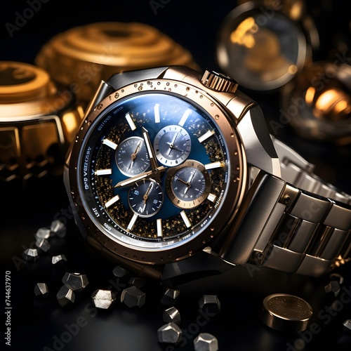 Luxury wrist watch on black background. 3d illustration.
