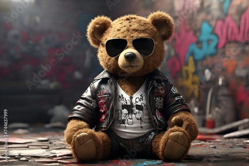 Digital art gangster Teddy bear with stitches and classic aviator sunglasses graffiti all over the walls photo
