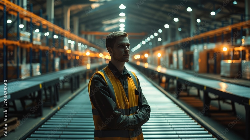 An engineer in a warehouse standing next to a conveyor. Generative AI. An engineer in a warehouse standing next to a conveyor. Generative AI.