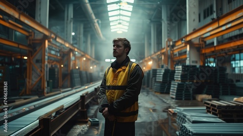 An engineer in a warehouse standing next to a conveyor. Generative AI.