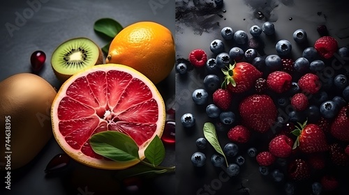 Fruits and berries on a black background. Horizontal banner.