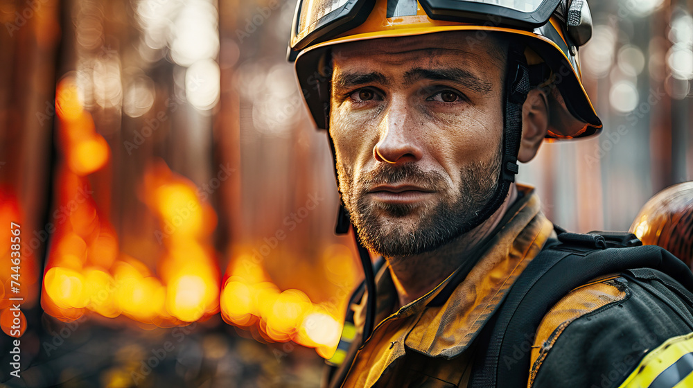 portrait of a courageous male firefighter against the backdrop of a forest fire portrait of a courageous male firefighter against the backdrop of a forest fire
