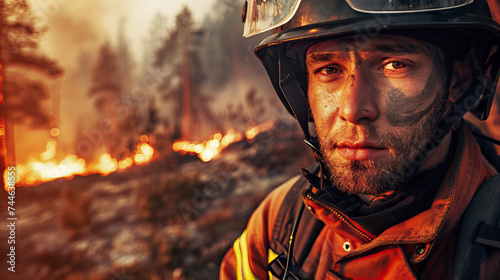 portrait of a courageous male firefighter against the backdrop of a forest fire photo