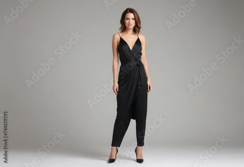 A woman in a chic black jumpsuit with a confident stance. The elegant simplicity of the outfit and her poise emphasize a modern style.