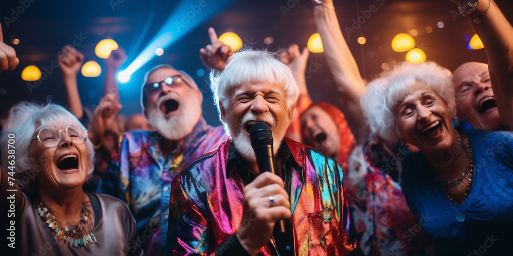 Group of senior friends enjoying a karaoke session at club. Group of senior friends enjoying a karaoke session at club.