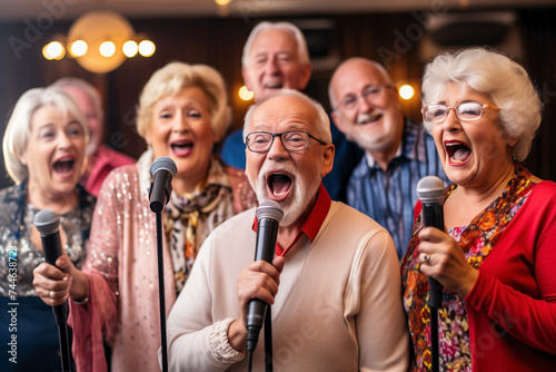 Group of six seniors buddies enjoying karaoke fun at club.