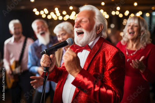 Group of five senior friends singing their hearts out together at karaoke club.