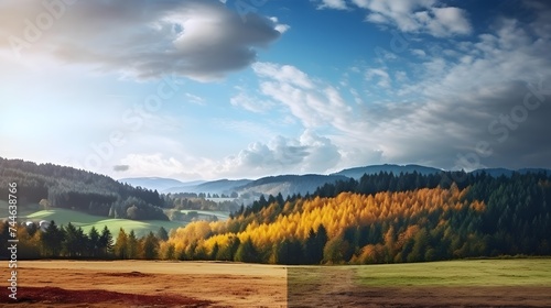 Panoramic image of autumn landscape with colorful trees and meadows