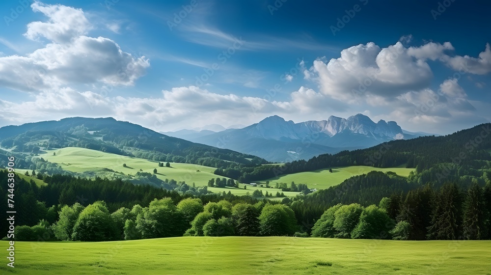 Beautiful panoramic landscape of mountains with green meadow and blue sky