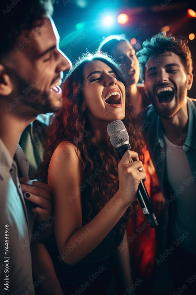 Friends having a blast with karaoke tunes at club.