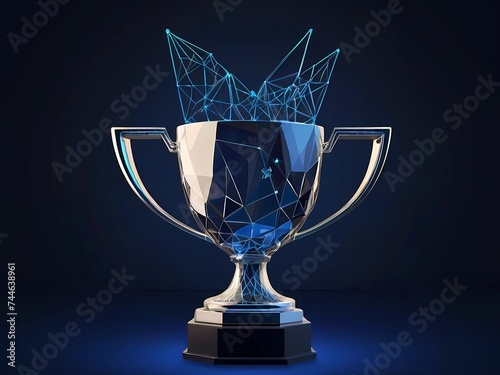 Trophy cup form lines and triangles, point connecting network on blue background. 