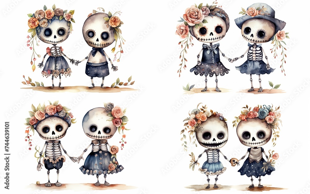 watercolor cartoon cute skeleton lover couple bride and groom wearing wedding gown, happy forever love theme, collection set isolated on white background, Generative Ai