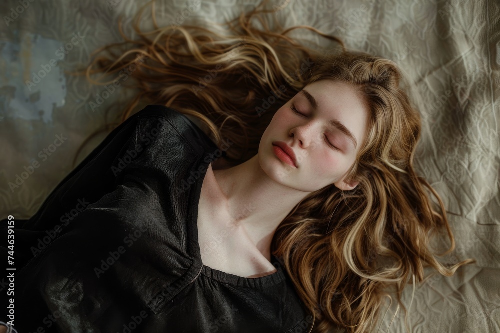 In repose, she dreams, a soft soliloquy of serenity, her visage a canvas of untouched grace and quietude in slumber's embrace.
In repose, she dreams, a soft soliloquy of serenity, her visage a canvas of untouched grace and quietude in slumber's embrace.