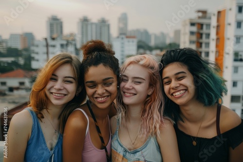 Diverse joy in unity  four friends share a moment on a city rooftop  a snapshot of urban youth and friendship.  