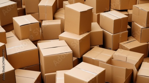 Close-up of a huge pile of many cardboard boxes from crafting in the warehouse. The concept of moving, housewarming, delivery and transportation company, Freight Transportation.