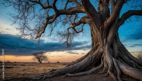 A majestic tree stands with twisted branches against a twilight sky, its roots sprawling like a network over the soil. The setting sun casts a gentle warmth over the scene, highlighting the tree's