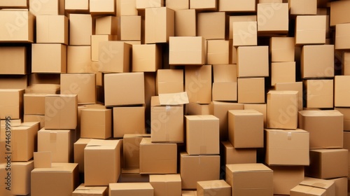 A huge pile of many cardboard boxes from crafting. The background is made of beige Boxes. The concept of moving  housewarming  delivery and transportation company  Freight Transportation.