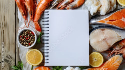 A high-definition snapshot of a meal planner notebook among a variety of fresh seafood, including salmon and shrimp, on a light wooden background.