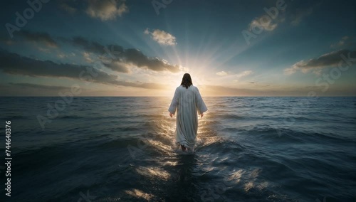 silhouette of Jesus walked on water photo