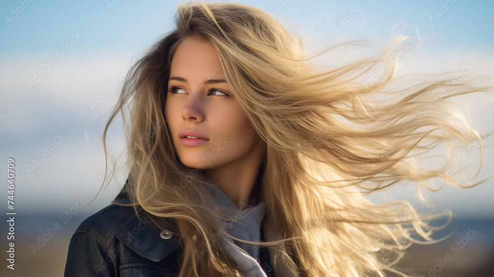 portrait of a young woman with long blond hair blown by the wind. outside on the coast or hiking
