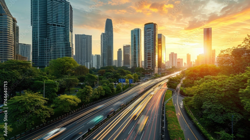 Naklejka premium High-rise residential buildings overlooking serpentine parkway and urban sprawl