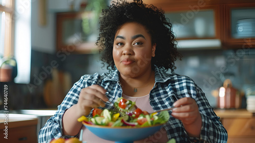 Plus size Black Woman sitting in her kitchen eating a healthy salad