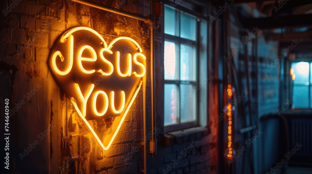 Illuminated Yellow Neon Sign Declaring Jesus Loves You, with Heart Shape Symbol / Icon and Dark Grey Wall Background and Dim Lighting