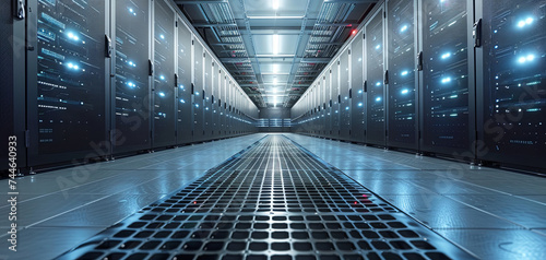 An empty big data center with rows of servers illuminated by blue lights, reflecting on the polished floor.