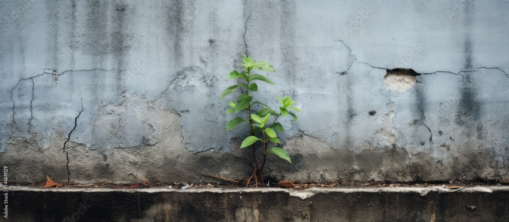 Wild plant growing on street wall represents loneliness, pride, strength in disadvantaged area's natural habitat.