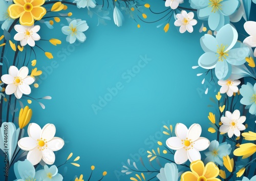 hello spring text on a blue background with yellow flowers or daisies. spring greeting card