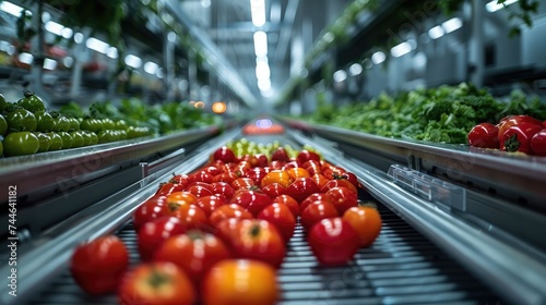 Future food processing, the entire production process is automated with all steps from raw material selection to final product packaging on an intelligent conveyor belt system. Generative AI.