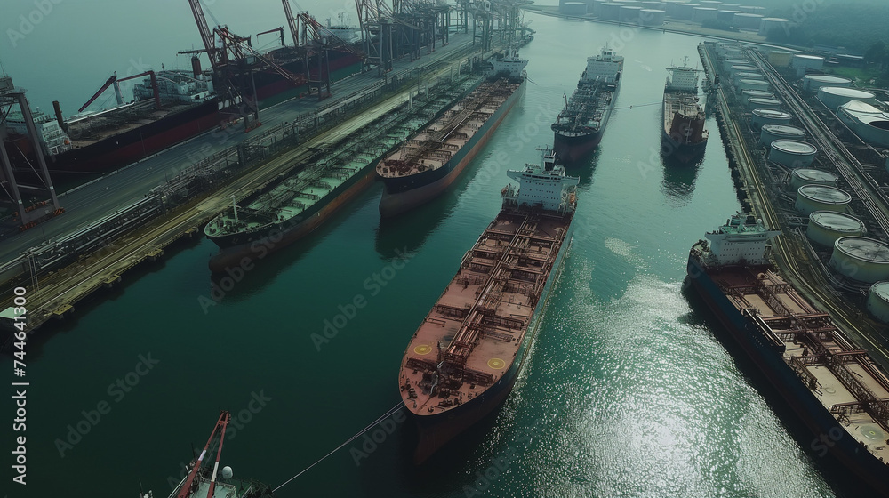 top view of fpso oil and lpg gas tank storage and ship transportation, marine, trading and logistic by water for chemical energy service business at cargo loading station at harbor